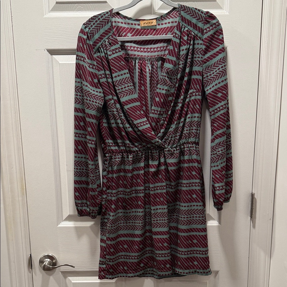 RSVP Maroon and Turquoise Patterned Long Sleeve Dress